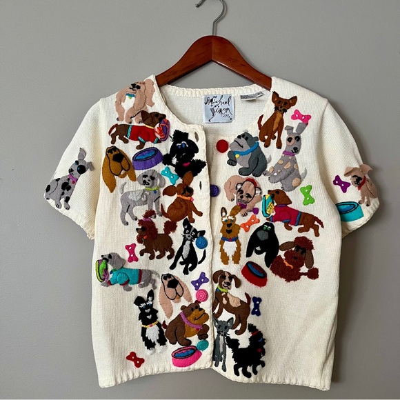 Michael Simon Sweaters - Vintage Michael Simon Dog Cardigan Sweater M Novelty Appliqué Grandmacore